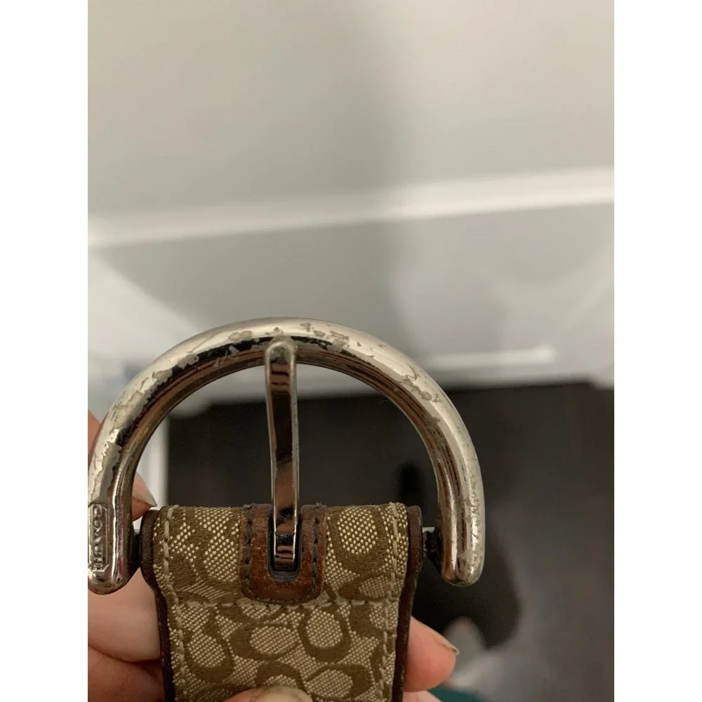 Coach Signature Monogram Canvas Brown Leather Belt Silver D-Ring Buckle Khaki